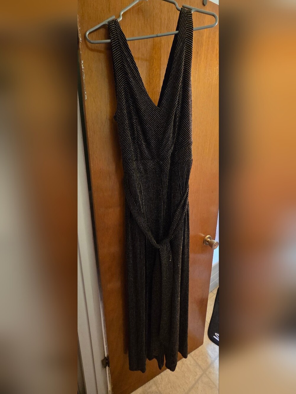 torrid Black Metallic-Striped Sleeveless V-Neck Jumpsuit